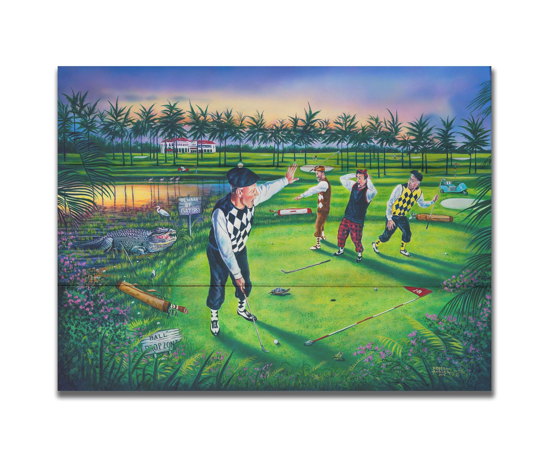 A painting of a group of golfers, one shushing the others as he attempts a putt. Unknown to him, his friends are yelling becaus there is an alligator approaching. Printed on a box board.