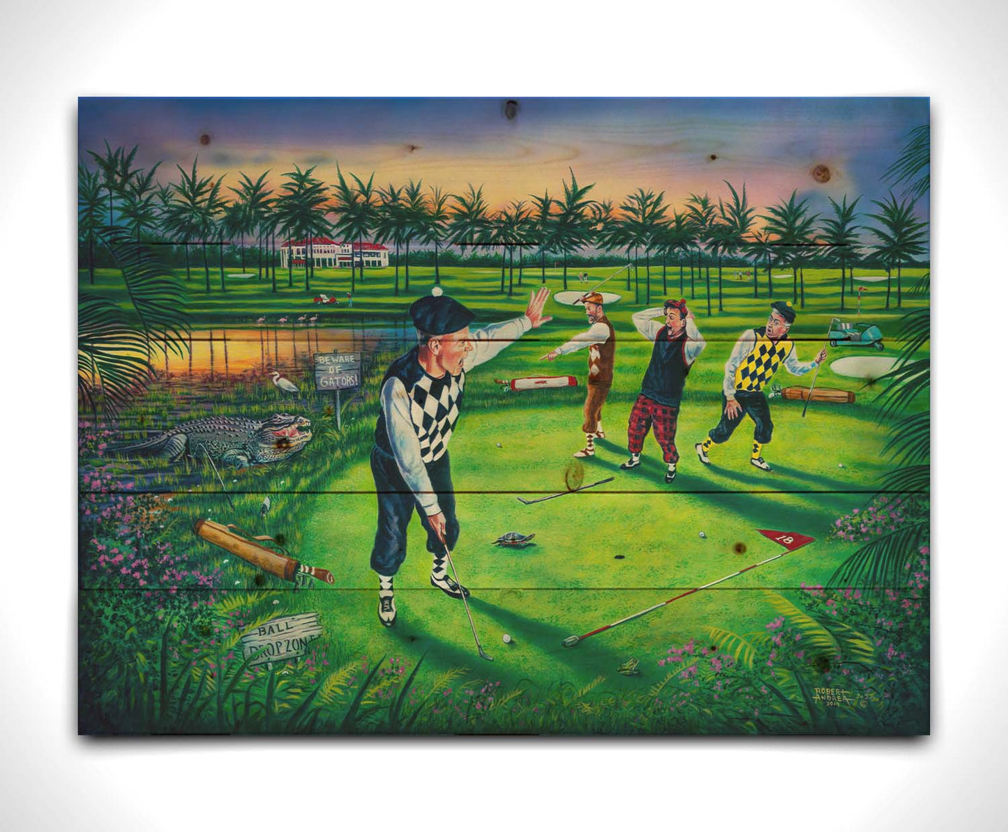 A painting of a group of golfers, one shushing the others as he attempts a putt. Unknown to him, his friends are yelling becaus there is an alligator approaching. Printed on a wood pallet.