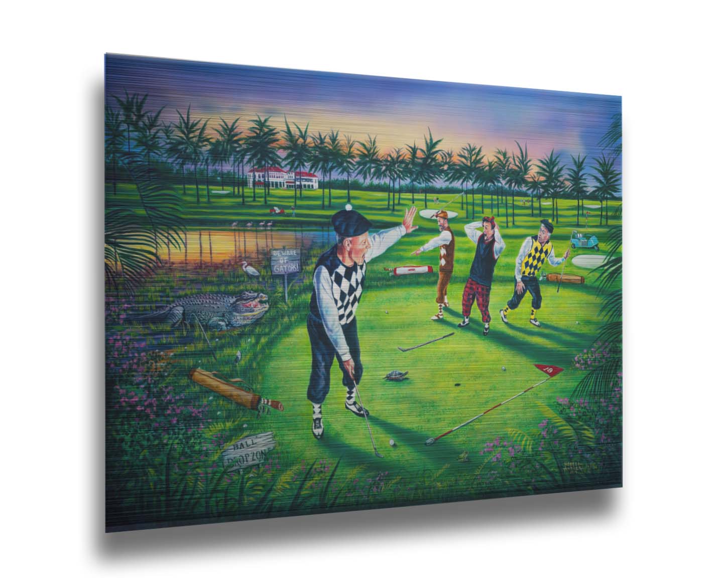 A painting of a group of golfers, one shushing the others as he attempts a putt. Unknown to him, his friends are yelling becaus there is an alligator approaching. Printed on metal.