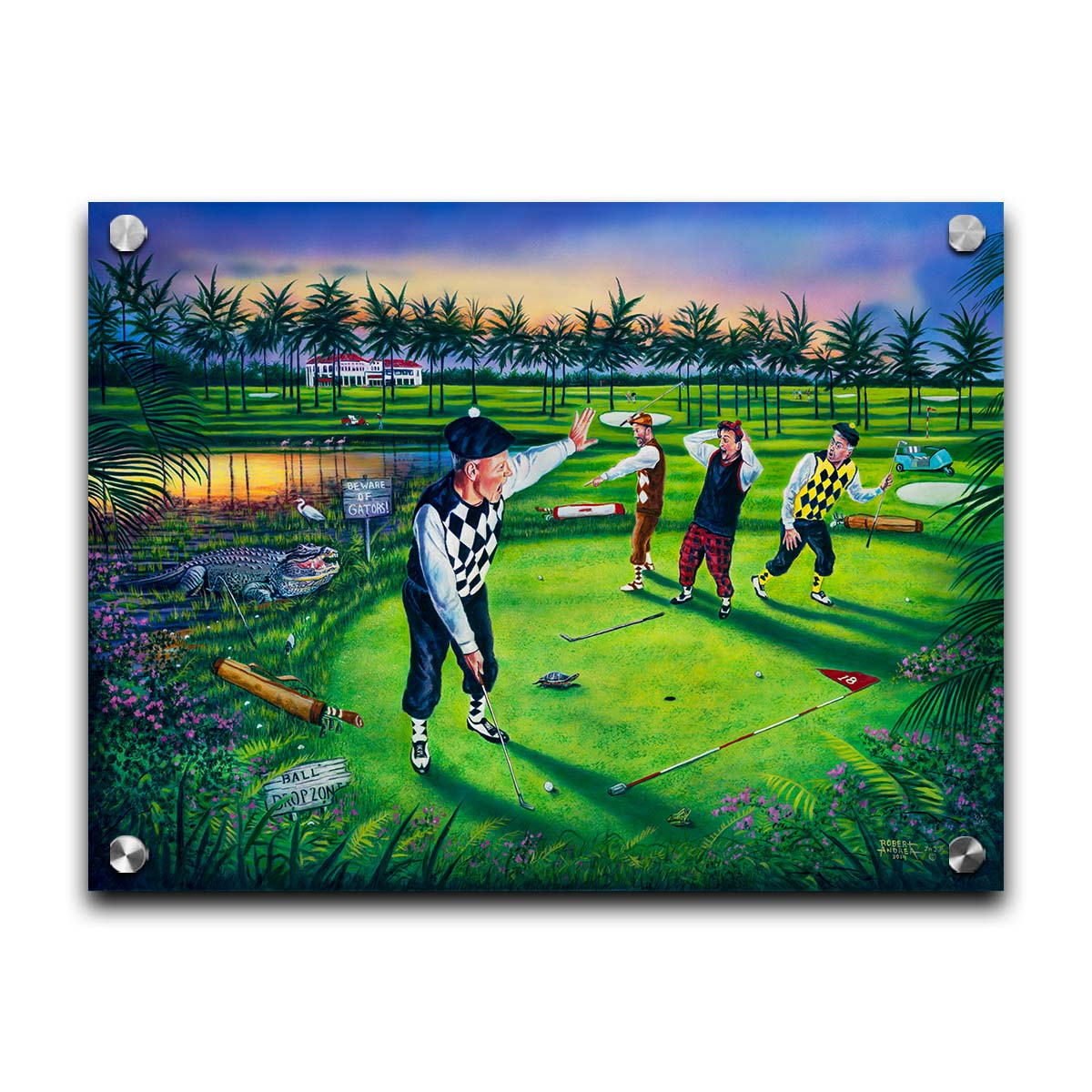 A painting of a group of golfers, one shushing the others as he attempts a putt. Unknown to him, his friends are yelling becaus there is an alligator approaching. Printed on acrylic.