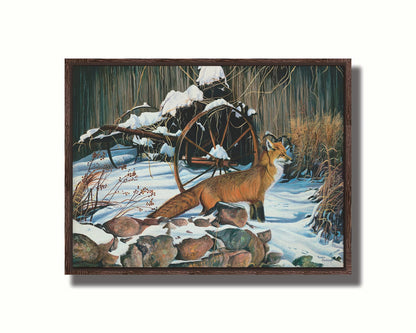 A painting of a red fox in the winter snow. It is standing by some old farming equipment, grasses, and stones. Printed on canvas in a float frame.