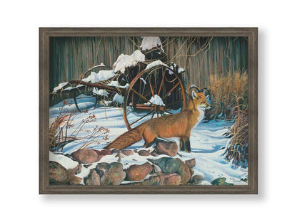 A painting of a red fox in the winter snow. It is standing by some old farming equipment, grasses, and stones. Printed on canvas and framed.