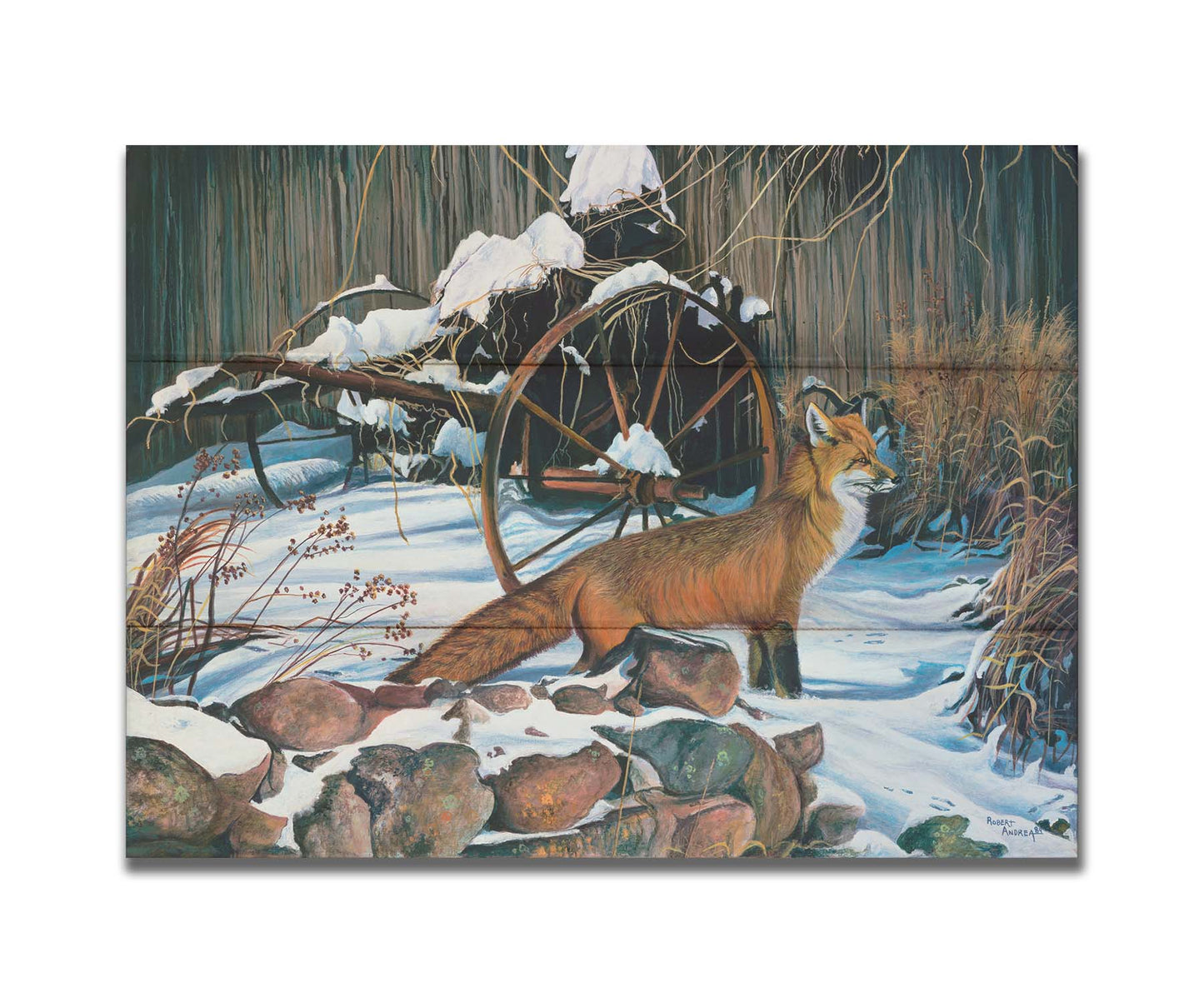 A painting of a red fox in the winter snow. It is standing by some old farming equipment, grasses, and stones. Printed on a box board.