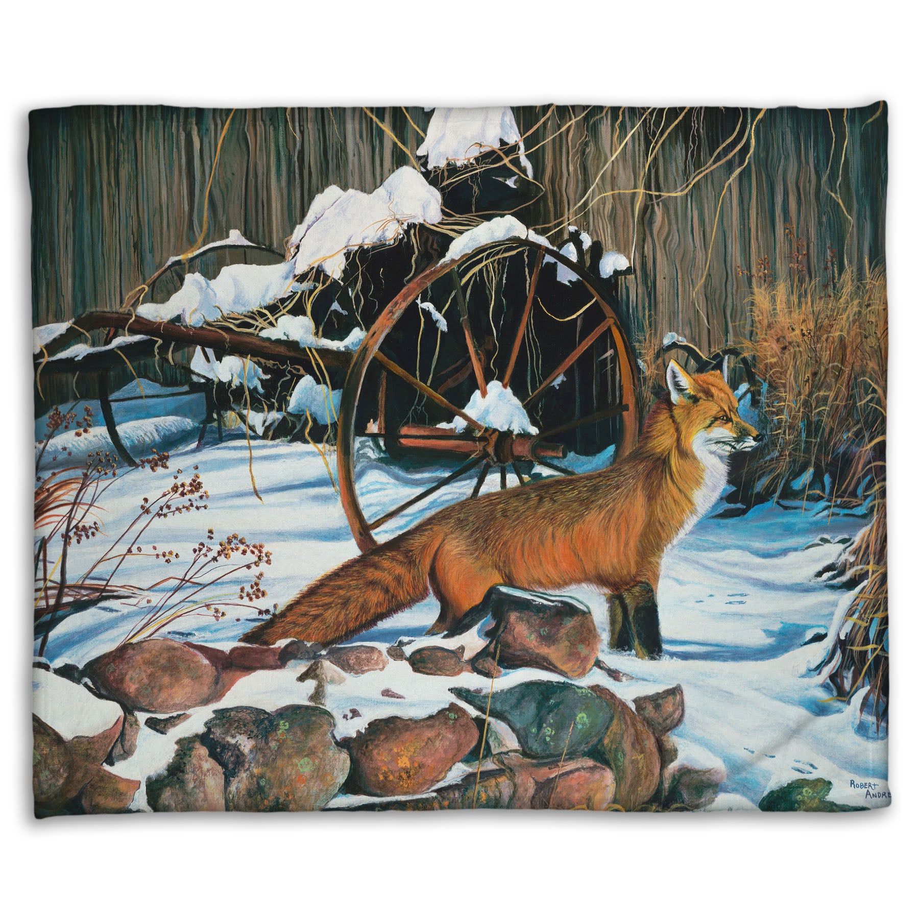 A coral fleece throw blanket designed with a painting of a red fox in the winter snow. It is standing by some old farming equipment, grasses, and stones.