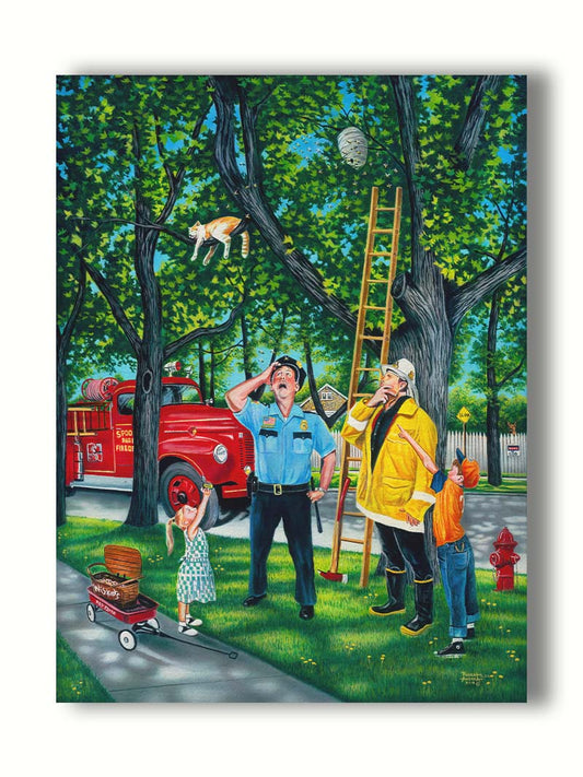 A painting of a policeman, fireman, and two children looking up at a cat in a tree beside a bee hive. They are staring up, puzzled, as they try to figure out how to get the cat out of the tree. Printed on canvas.