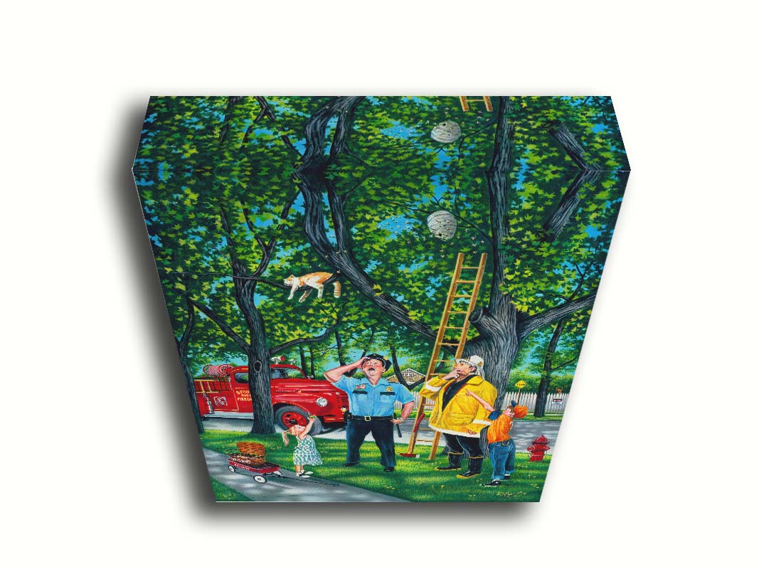 A painting of a policeman, fireman, and two children looking up at a cat in a tree beside a bee hive. They are staring up, puzzled, as they try to figure out how to get the cat out of the tree. Printed on canvas.