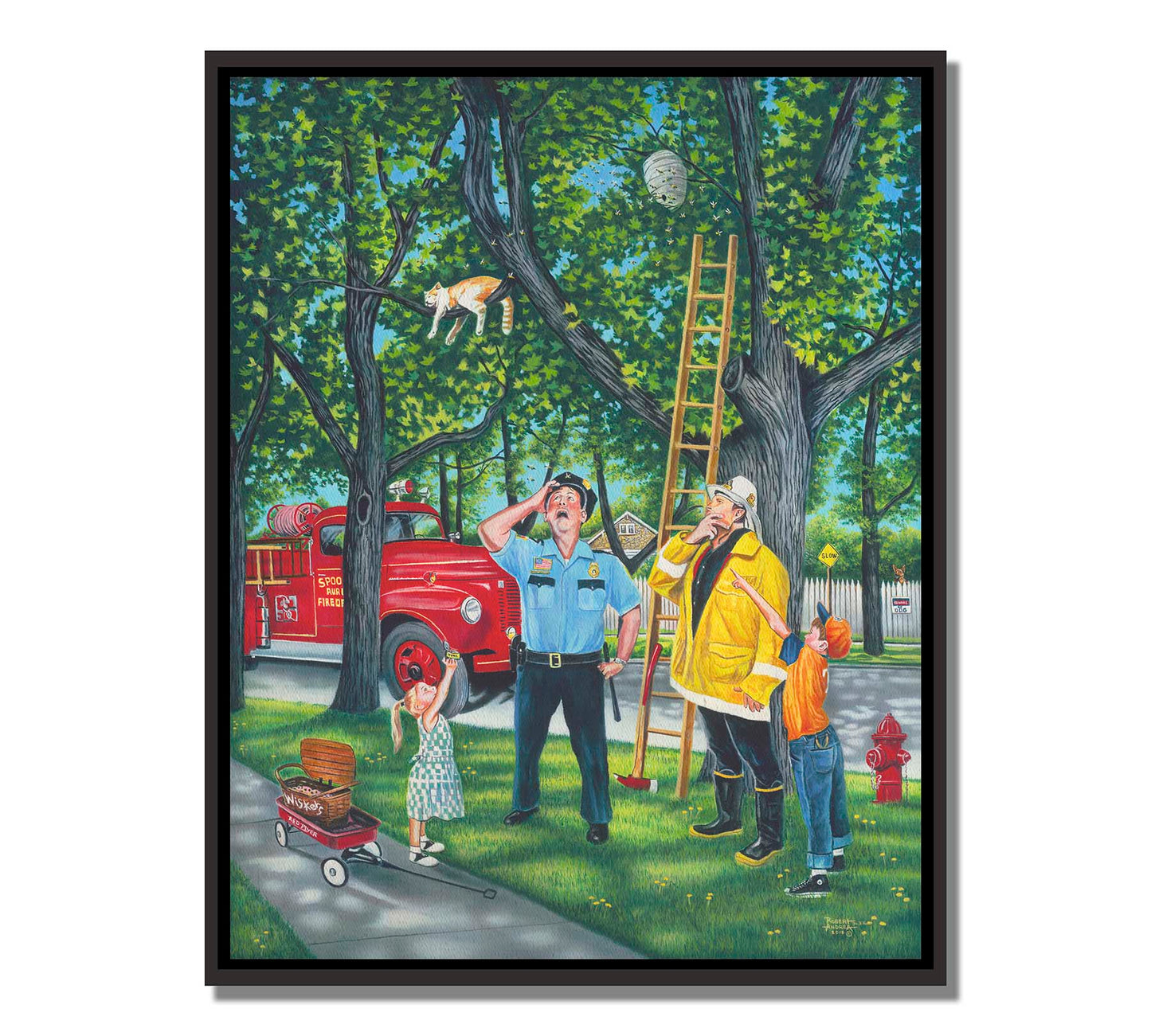 A painting of a policeman, fireman, and two children looking up at a cat in a tree beside a bee hive. They are staring up, puzzled, as they try to figure out how to get the cat out of the tree. Printed on canvas in a float frame.