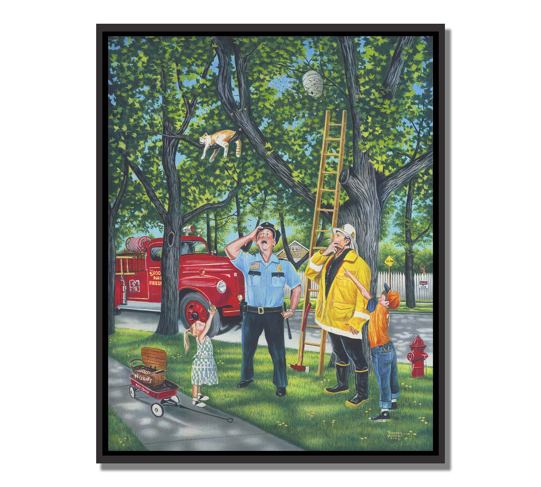 A painting of a policeman, fireman, and two children looking up at a cat in a tree beside a bee hive. They are staring up, puzzled, as they try to figure out how to get the cat out of the tree. Printed on canvas in a float frame.