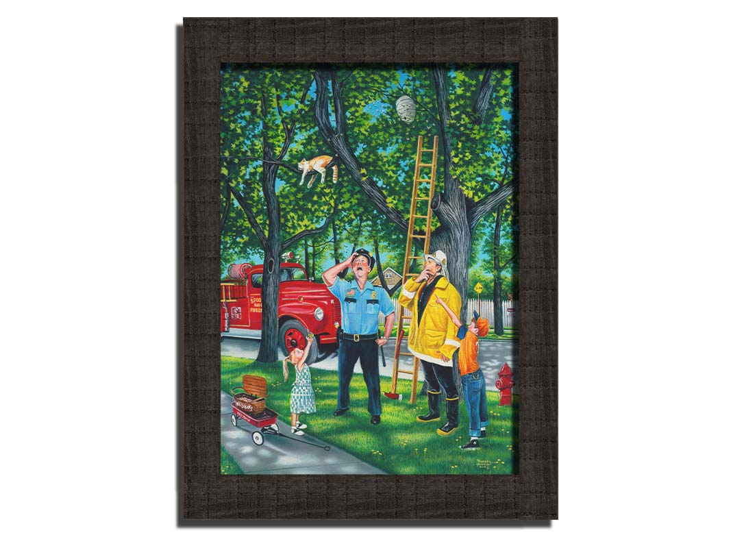 A painting of a policeman, fireman, and two children looking up at a cat in a tree beside a bee hive. They are staring up, puzzled, as they try to figure out how to get the cat out of the tree. Printed on canvas and framed.