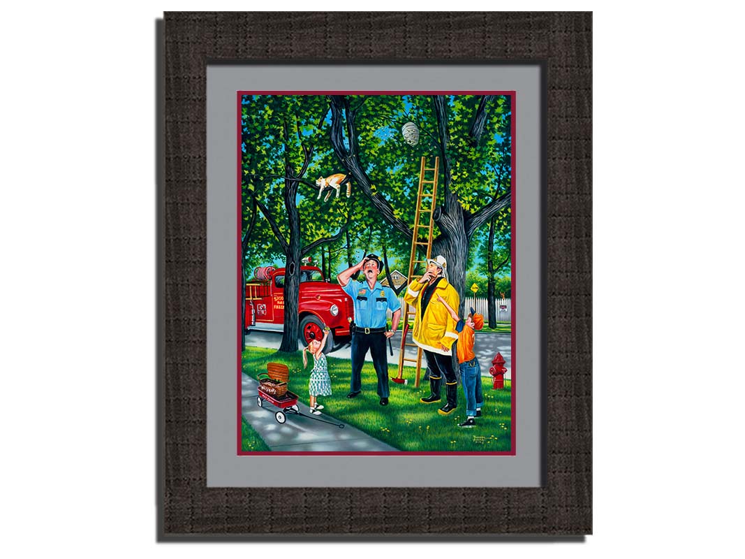 A painting of a policeman, fireman, and two children looking up at a cat in a tree beside a bee hive. They are staring up, puzzled, as they try to figure out how to get the cat out of the tree. Printed on paper, matted, and framed.