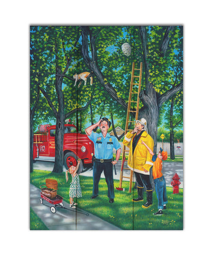 A painting of a policeman, fireman, and two children looking up at a cat in a tree beside a bee hive. They are staring up, puzzled, as they try to figure out how to get the cat out of the tree. Printed on a box board.