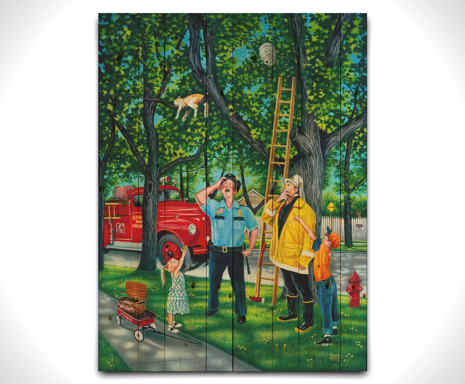 A painting of a policeman, fireman, and two children looking up at a cat in a tree beside a bee hive. They are staring up, puzzled, as they try to figure out how to get the cat out of the tree. Printed on a wood pallet.