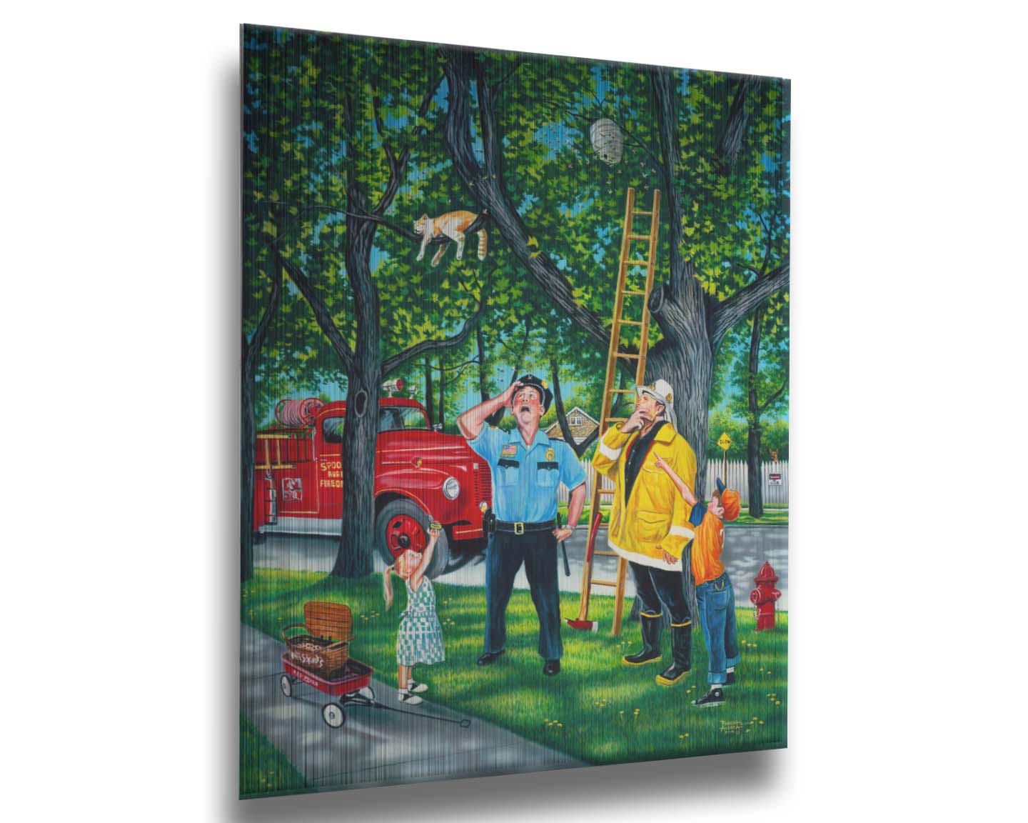 A painting of a policeman, fireman, and two children looking up at a cat in a tree beside a bee hive. They are staring up, puzzled, as they try to figure out how to get the cat out of the tree. Printed on metal.