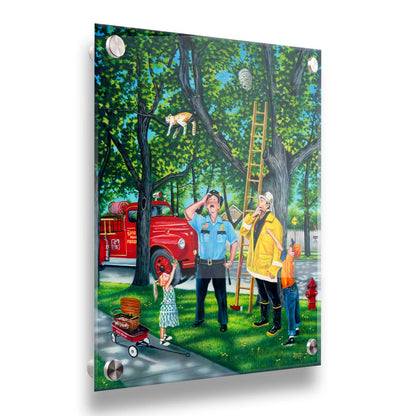 A painting of a policeman, fireman, and two children looking up at a cat in a tree beside a bee hive. They are staring up, puzzled, as they try to figure out how to get the cat out of the tree. Printed on acrylic.