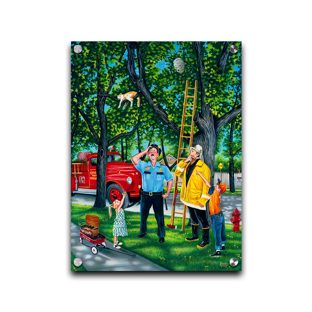 A painting of a policeman, fireman, and two children looking up at a cat in a tree beside a bee hive. They are staring up, puzzled, as they try to figure out how to get the cat out of the tree. Printed on acrylic.