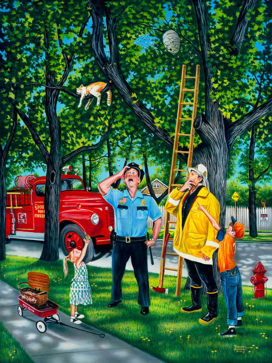 A painting of a policeman, fireman, and two children looking up at a cat in a tree beside a bee hive. They are staring up, puzzled, as they try to figure out how to get the cat out of the tree.