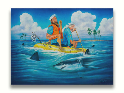 A painting of two sailors on a yellow life raft, reading "USS Sea Dog" and "SOS." They are paddling on the open sea toward an island in the distance. Sharks surround their raft, and one has taken a bite out of one of the oars. Printed on canvas.