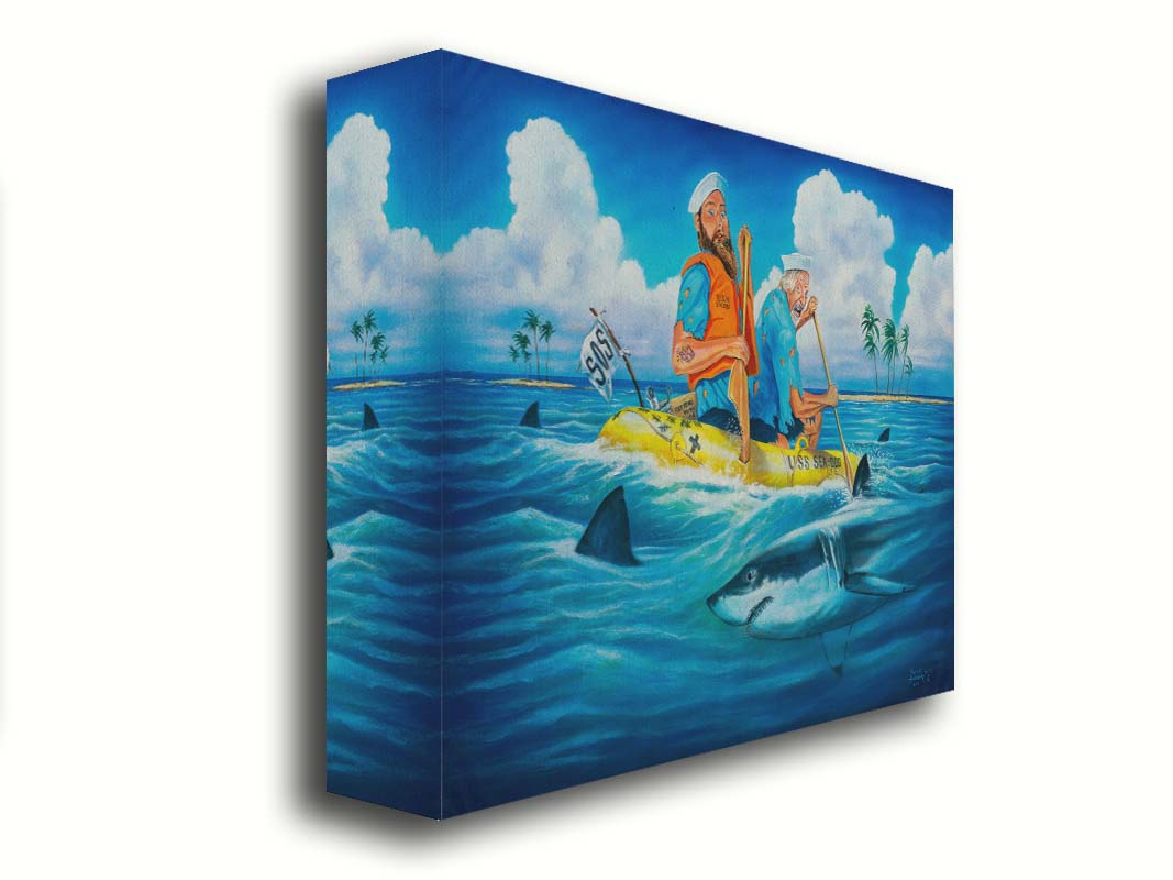 A painting of two sailors on a yellow life raft, reading "USS Sea Dog" and "SOS." They are paddling on the open sea toward an island in the distance. Sharks surround their raft, and one has taken a bite out of one of the oars. Printed on canvas.