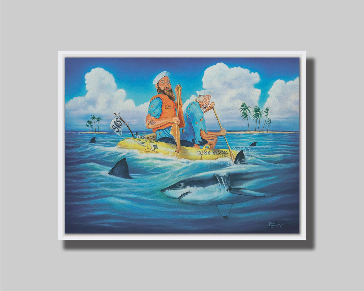 A painting of two sailors on a yellow life raft, reading "USS Sea Dog" and "SOS." They are paddling on the open sea toward an island in the distance. Sharks surround their raft, and one has taken a bite out of one of the oars. Printed on canvas in a float frame.