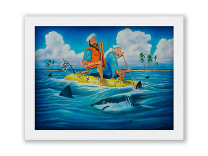 A painting of two sailors on a yellow life raft, reading "USS Sea Dog" and "SOS." They are paddling on the open sea toward an island in the distance. Sharks surround their raft, and one has taken a bite out of one of the oars. Printed on canvas and framed.