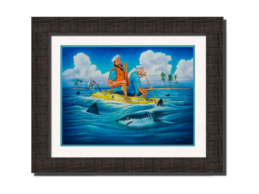 A painting of two sailors on a yellow life raft, reading "USS Sea Dog" and "SOS." They are paddling on the open sea toward an island in the distance. Sharks surround their raft, and one has taken a bite out of one of the oars. Printed on paper, matted, and framed.