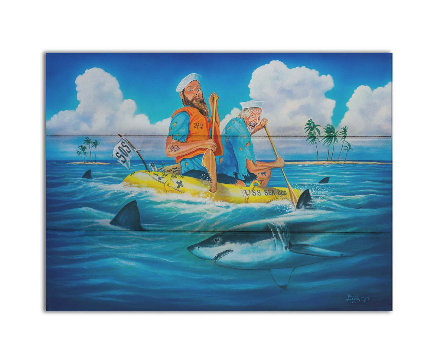 A painting of two sailors on a yellow life raft, reading "USS Sea Dog" and "SOS." They are paddling on the open sea toward an island in the distance. Sharks surround their raft, and one has taken a bite out of one of the oars. Printed on a box board.