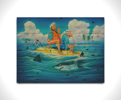 A painting of two sailors on a yellow life raft, reading "USS Sea Dog" and "SOS." They are paddling on the open sea toward an island in the distance. Sharks surround their raft, and one has taken a bite out of one of the oars. Printed on a wood pallet.