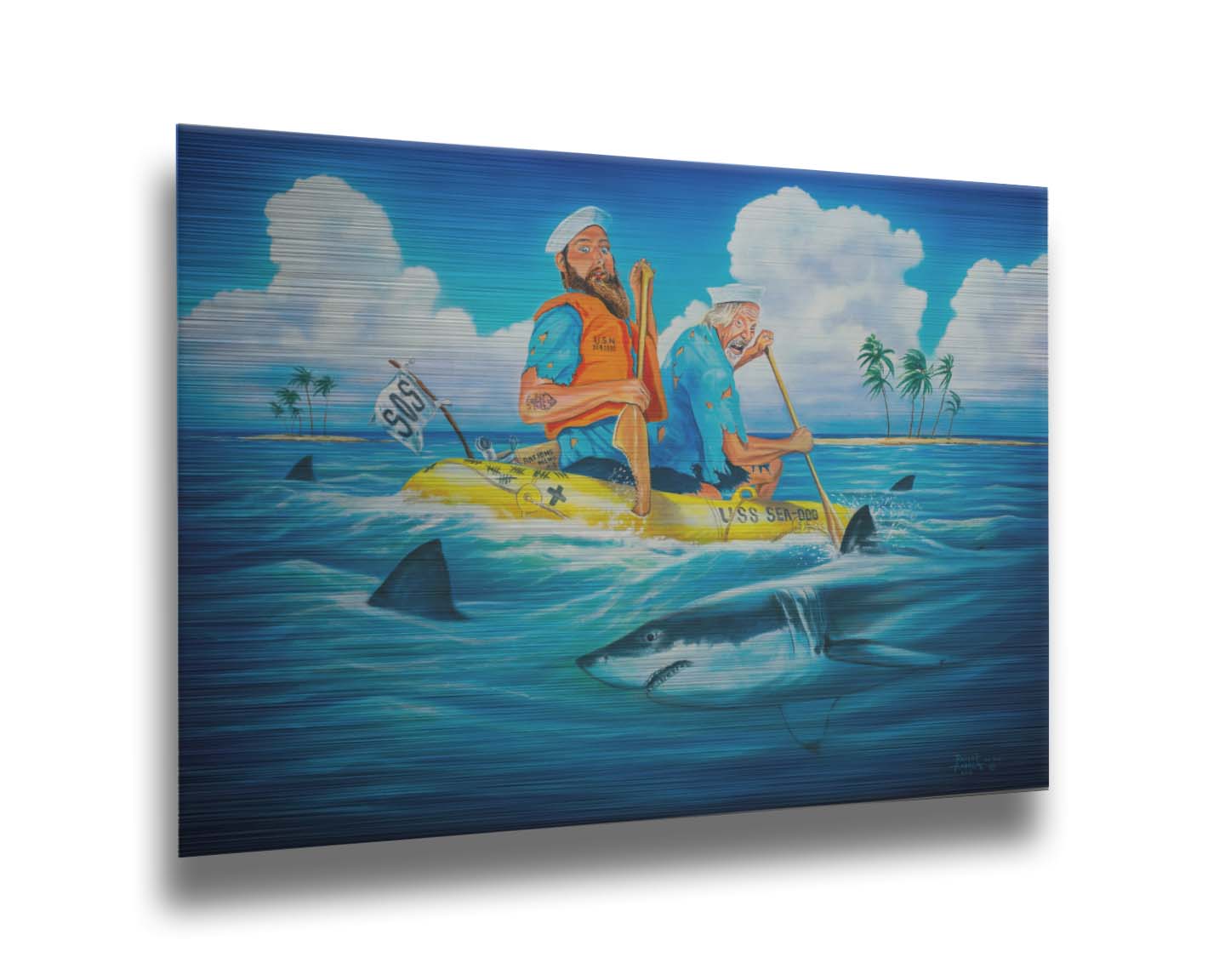 A painting of two sailors on a yellow life raft, reading "USS Sea Dog" and "SOS." They are paddling on the open sea toward an island in the distance. Sharks surround their raft, and one has taken a bite out of one of the oars. Printed on metal.