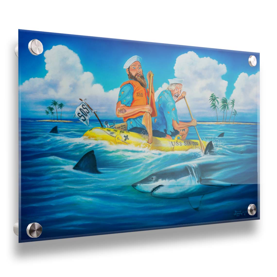 A painting of two sailors on a yellow life raft, reading "USS Sea Dog" and "SOS." They are paddling on the open sea toward an island in the distance. Sharks surround their raft, and one has taken a bite out of one of the oars. Printed on acrylic.