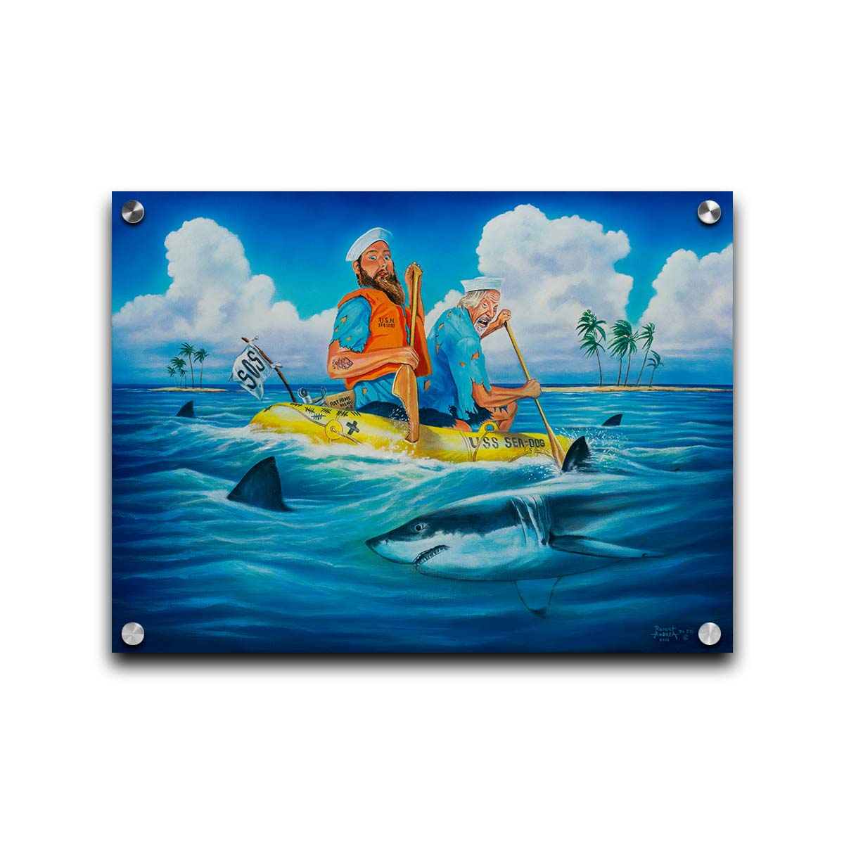 A painting of two sailors on a yellow life raft, reading "USS Sea Dog" and "SOS." They are paddling on the open sea toward an island in the distance. Sharks surround their raft, and one has taken a bite out of one of the oars. Printed on acrylic.