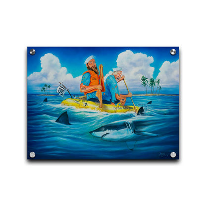 A painting of two sailors on a yellow life raft, reading "USS Sea Dog" and "SOS." They are paddling on the open sea toward an island in the distance. Sharks surround their raft, and one has taken a bite out of one of the oars. Printed on acrylic.