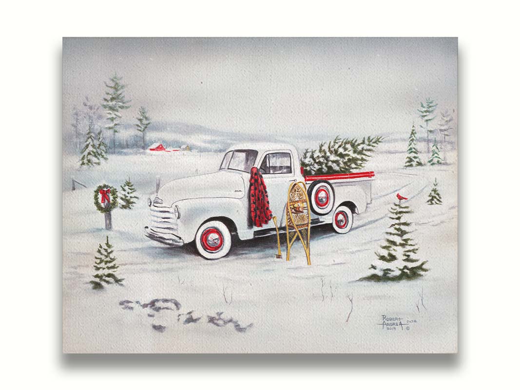 A painting of a vintage white truck in the snow, carrying a snow-covered evergreen tree. Printed on canvas.