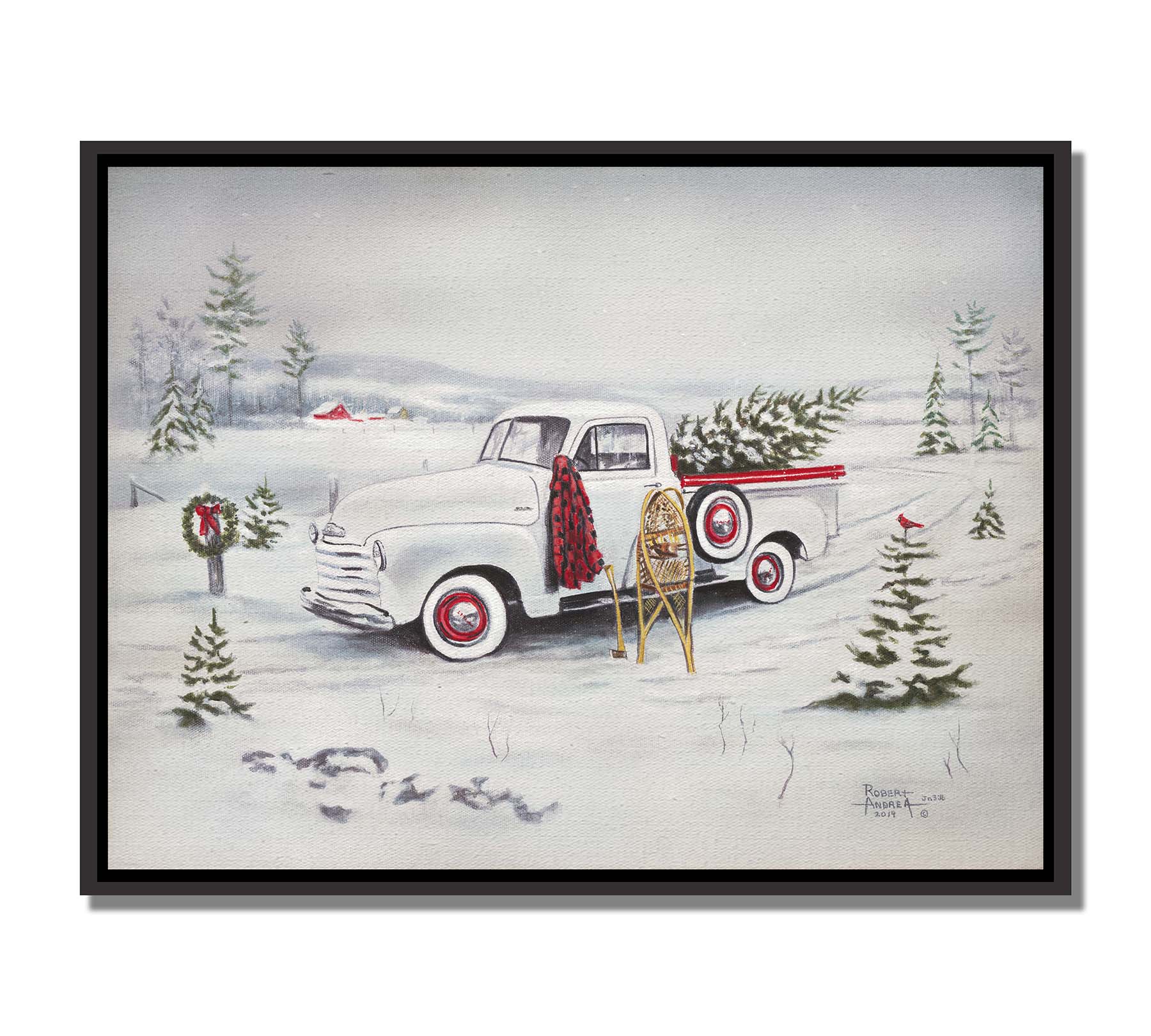 A painting of a vintage white truck in the snow, carrying a snow-covered evergreen tree. Printed on canvas in a float frame.