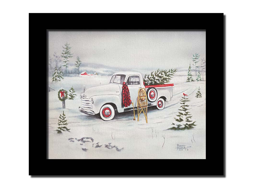 A painting of a vintage white truck in the snow, carrying a snow-covered evergreen tree. Printed on canvas and framed.