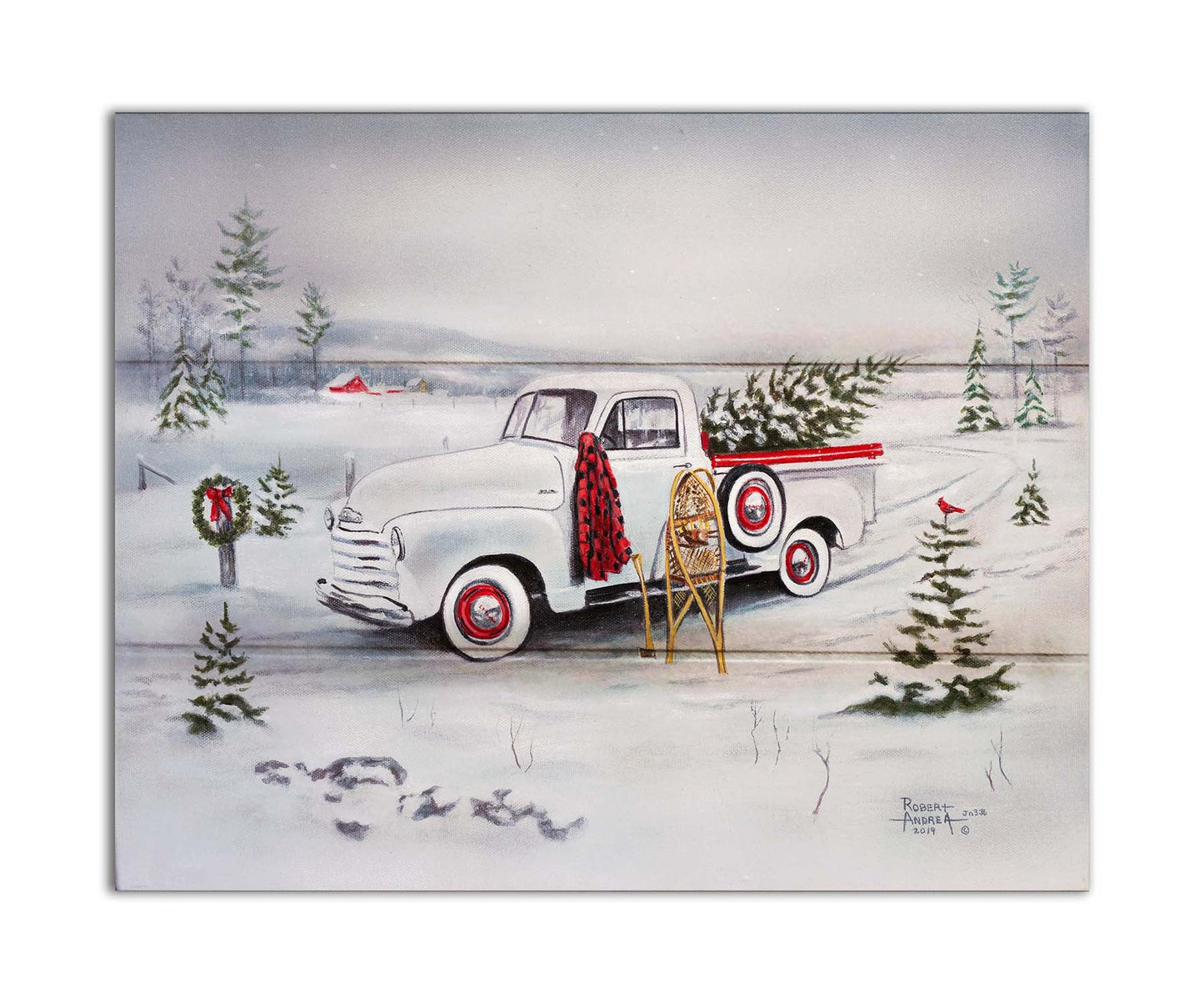 A painting of a vintage white truck in the snow, carrying a snow-covered evergreen tree. Printed on a box board.