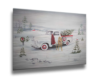 A painting of a vintage white truck in the snow, carrying a snow-covered evergreen tree. Printed on metal.