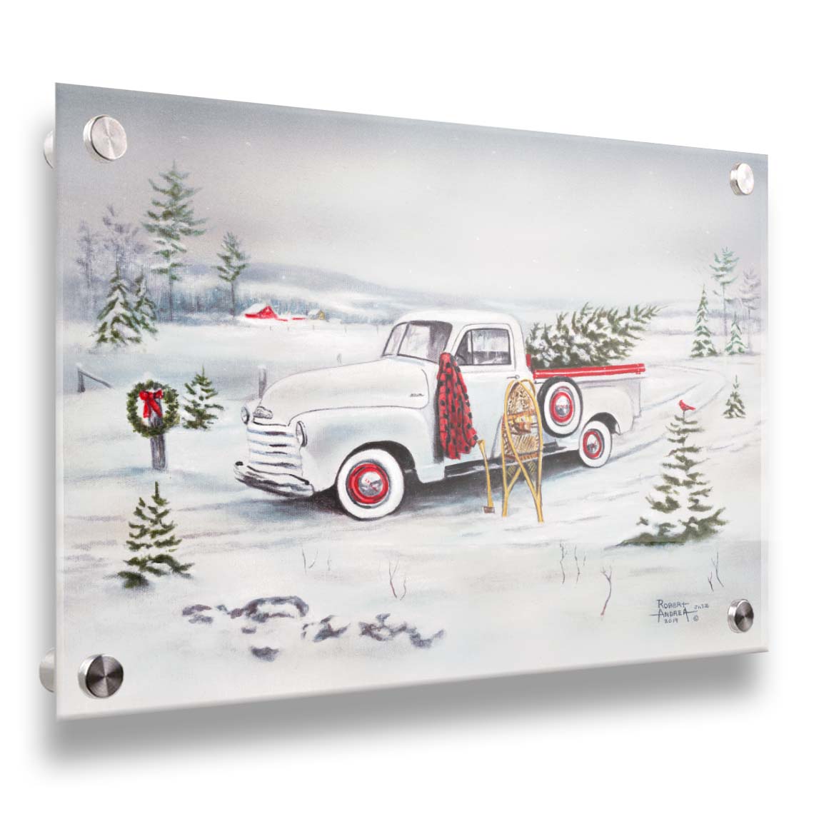 A painting of a vintage white truck in the snow, carrying a snow-covered evergreen tree. Printed on acrylic.