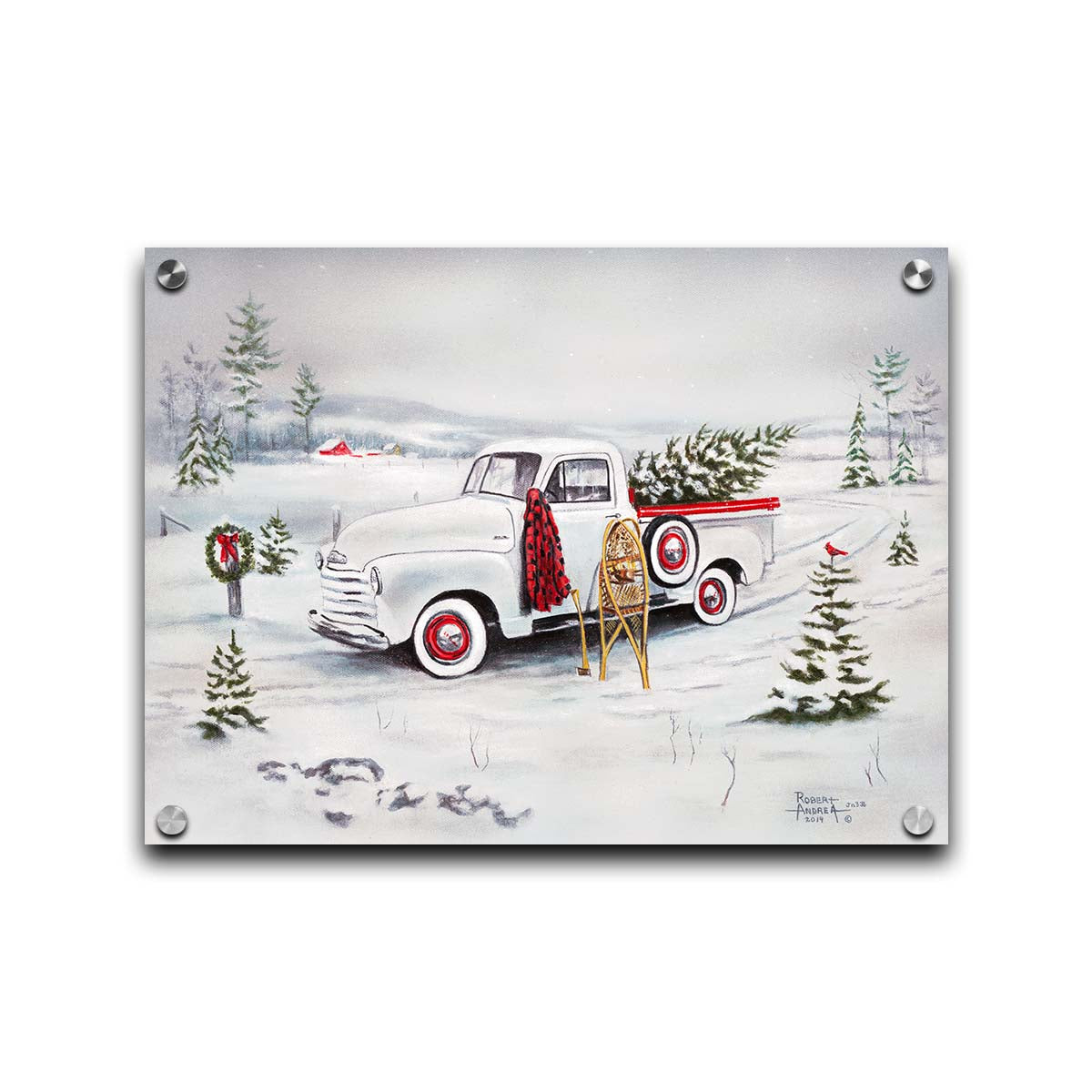 A painting of a vintage white truck in the snow, carrying a snow-covered evergreen tree. Printed on acrylic.