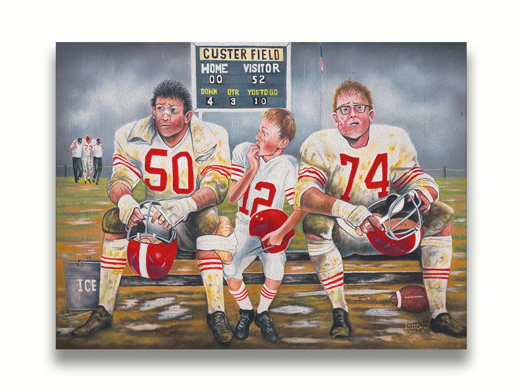 A painting of some young football players, losing their game. Only the smallest among them is in good condition to go out on the field in place of the larger players, who are injured. Printed on canvas.