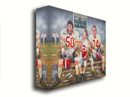 A painting of some young football players, losing their game. Only the smallest among them is in good condition to go out on the field in place of the larger players, who are injured. Printed on canvas.