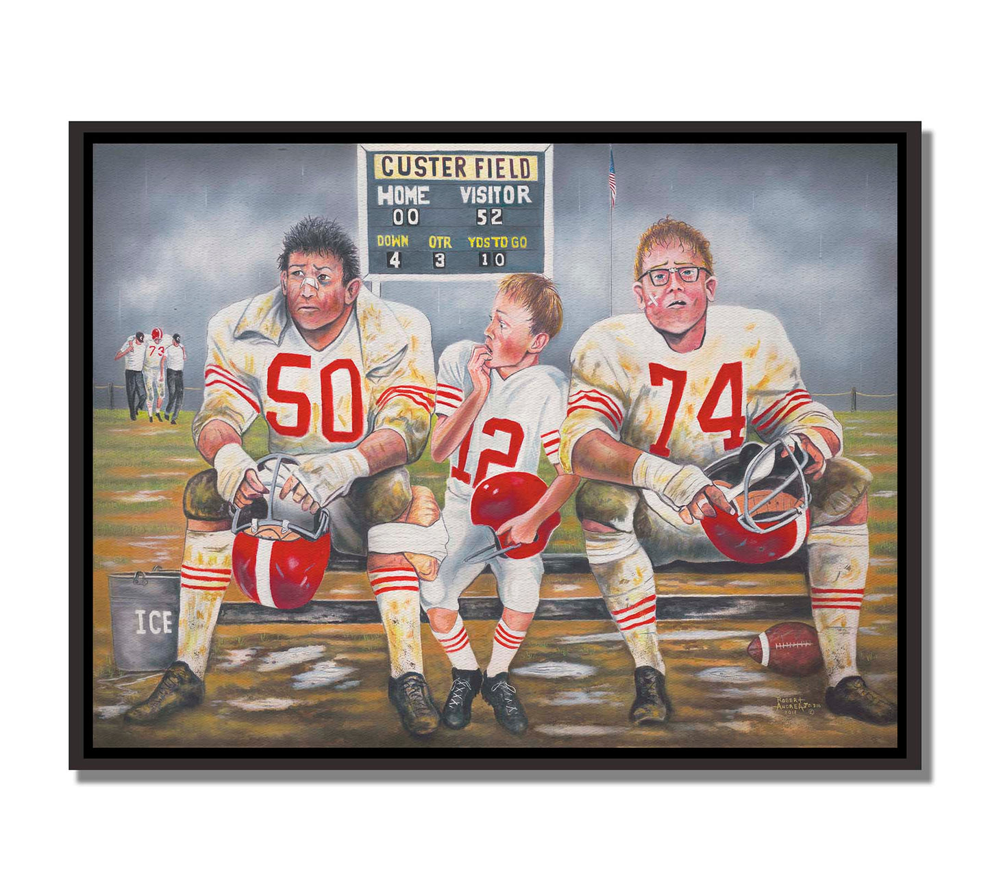 A painting of some young football players, losing their game. Only the smallest among them is in good condition to go out on the field in place of the larger players, who are injured. Printed on canvas in a float frame.