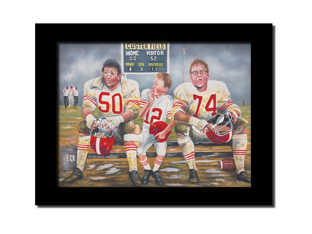 A painting of some young football players, losing their game. Only the smallest among them is in good condition to go out on the field in place of the larger players, who are injured. Printed on canvas and framed.