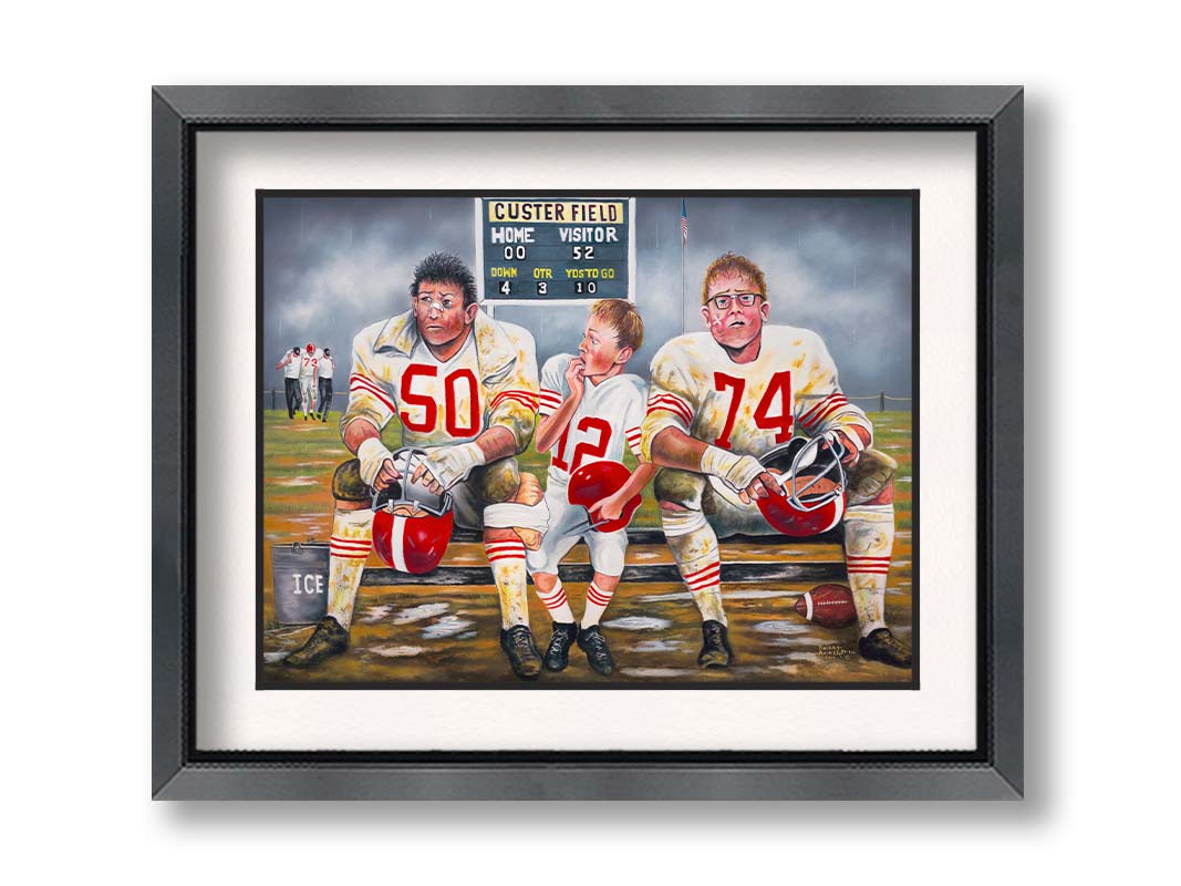 A painting of some young football players, losing their game. Only the smallest among them is in good condition to go out on the field in place of the larger players, who are injured. Printed on paper, matted, and framed.