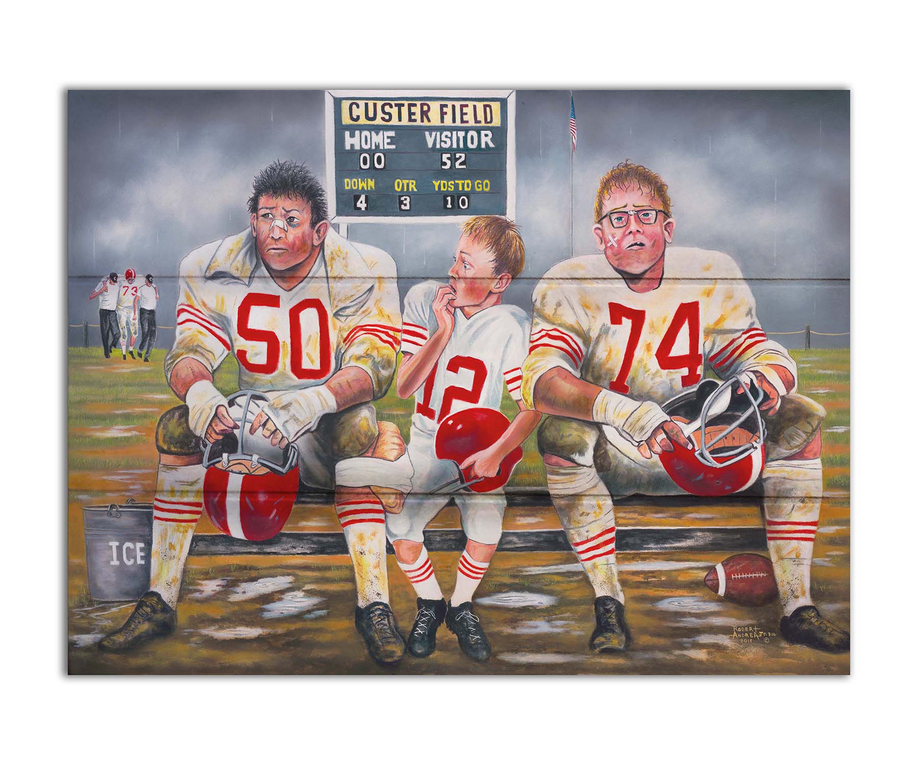 A painting of some young football players, losing their game. Only the smallest among them is in good condition to go out on the field in place of the larger players, who are injured. Printed on a box board.