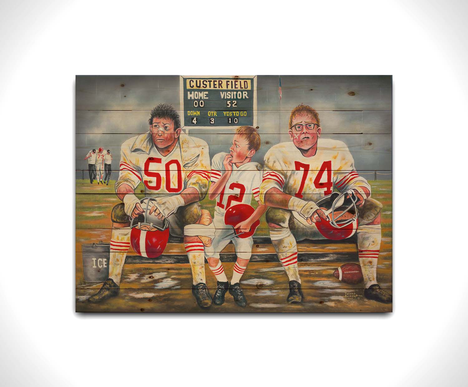 A painting of some young football players, losing their game. Only the smallest among them is in good condition to go out on the field in place of the larger players, who are injured. Printed on a wood pallet.