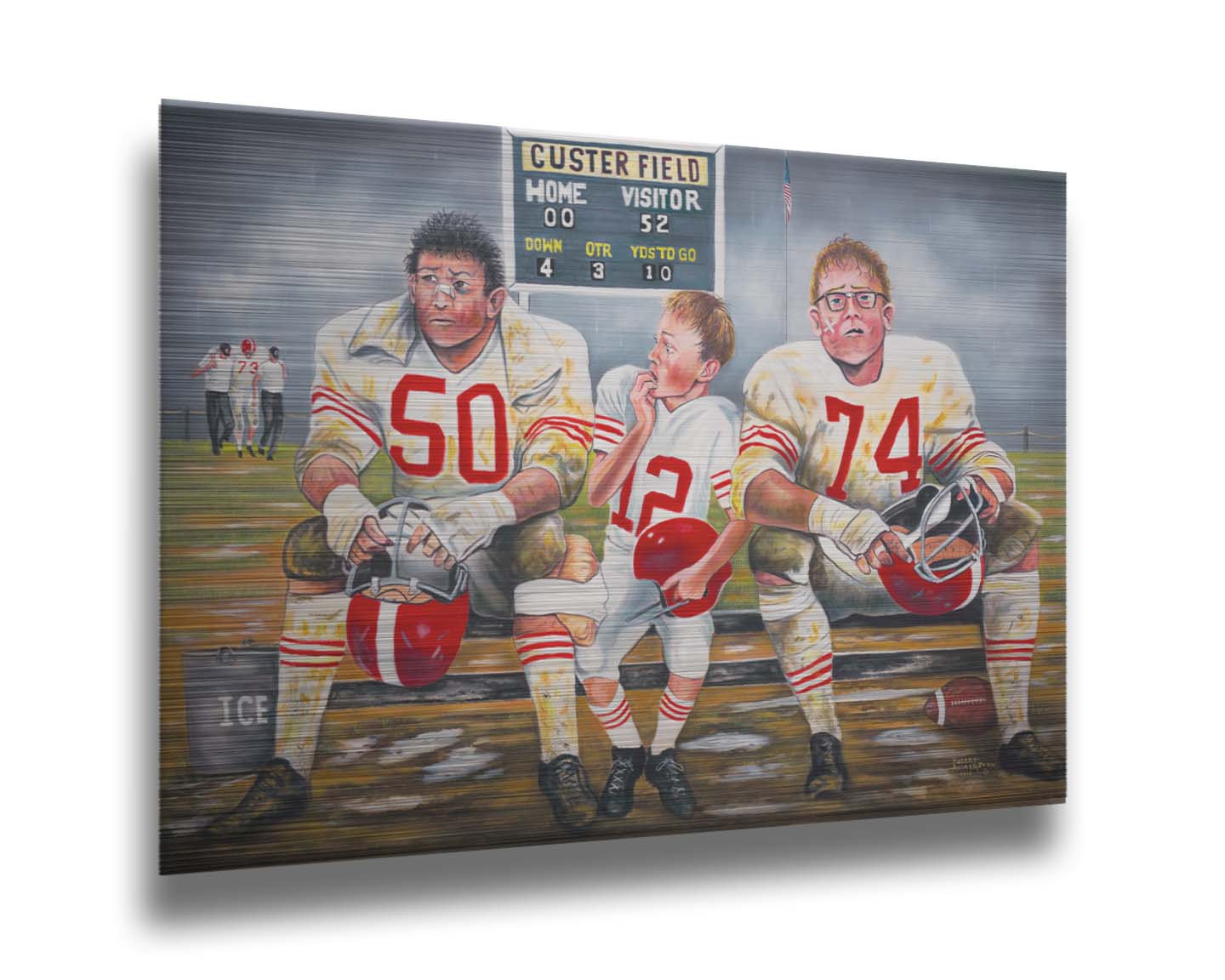 A painting of some young football players, losing their game. Only the smallest among them is in good condition to go out on the field in place of the larger players, who are injured. Printed on metal.