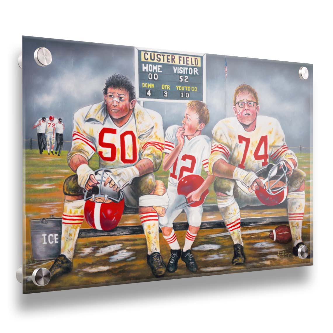 A painting of some young football players, losing their game. Only the smallest among them is in good condition to go out on the field in place of the larger players, who are injured. Printed on acrylic.