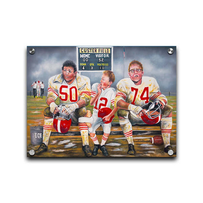 A painting of some young football players, losing their game. Only the smallest among them is in good condition to go out on the field in place of the larger players, who are injured. Printed on acrylic.