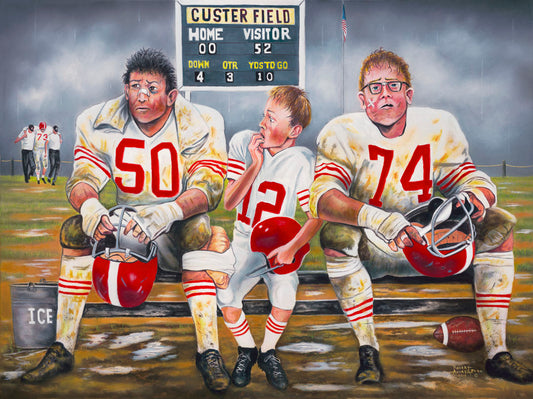 A painting of some young football players, losing their game. Only the smallest among them is in good condition to go out on the field in place of the larger players, who are injured.