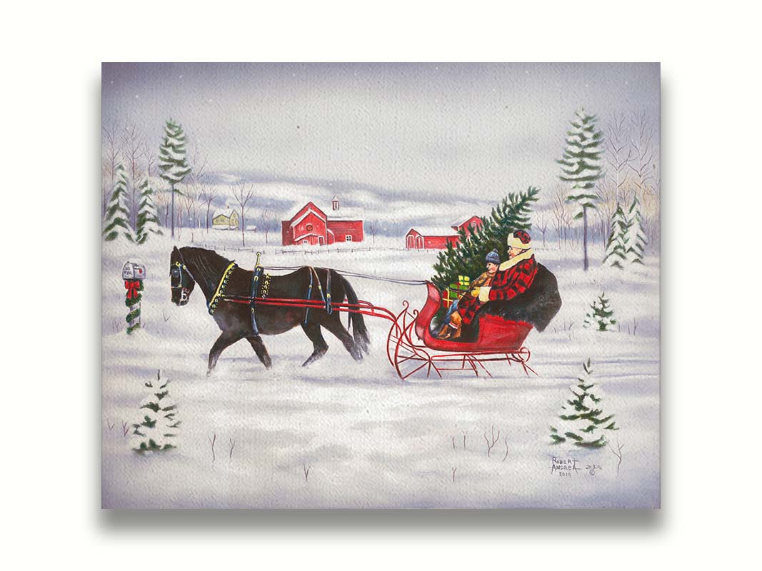 A painting of two people riding a horse-drawn sleigh through the snow, transporting an evergreen tree and gifts. Printed on canvas.